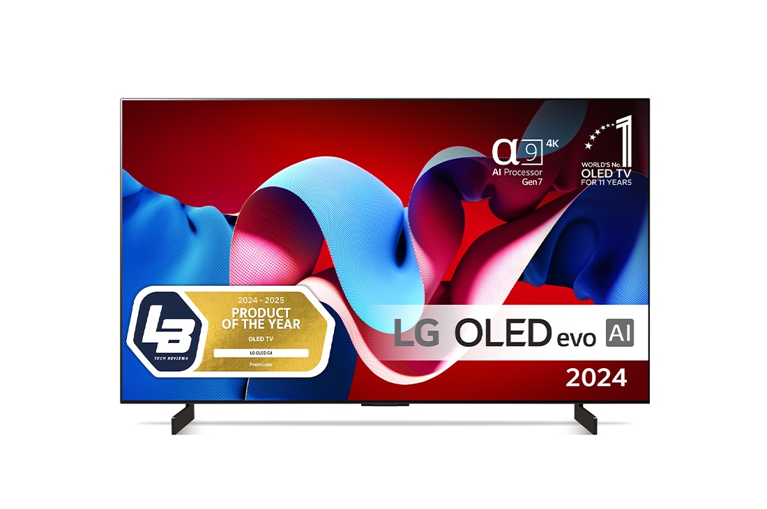 LG 42'' OLED evo AI C4 - 4K TV (2024), Edestäpäin katsottuna LG OLED evo TV, OLED C4, 11 Years of World Number 1 OLED Emblem ja alpha 9 4K AI processor Gen7 logo., OLED42C44LA